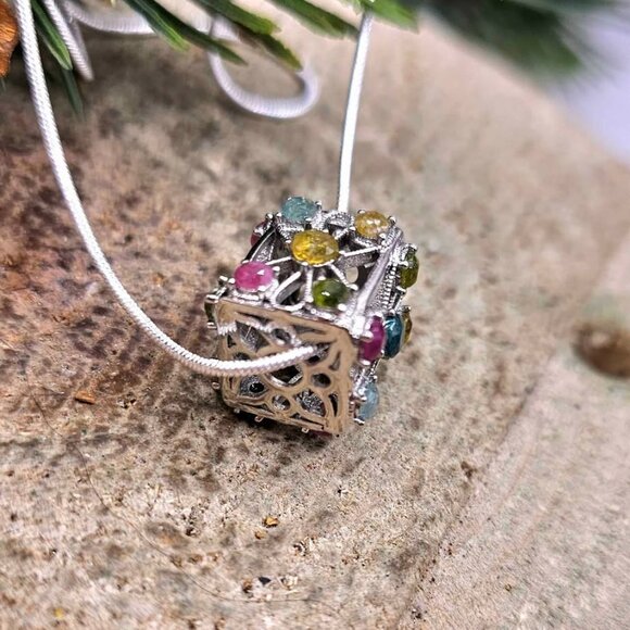 Nature Rainbow Faceted Tourmaline Rectangular Cage Pendant Necklace - Picture 8 of 10